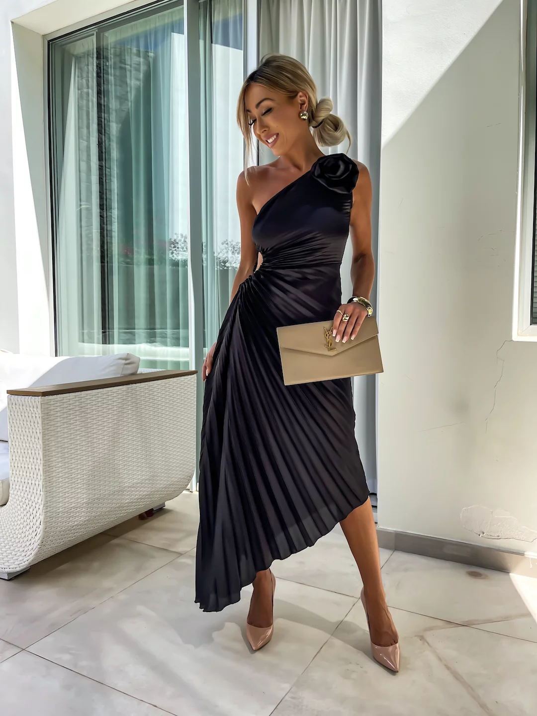 Rose Flower Pleated One-shoulder Dress