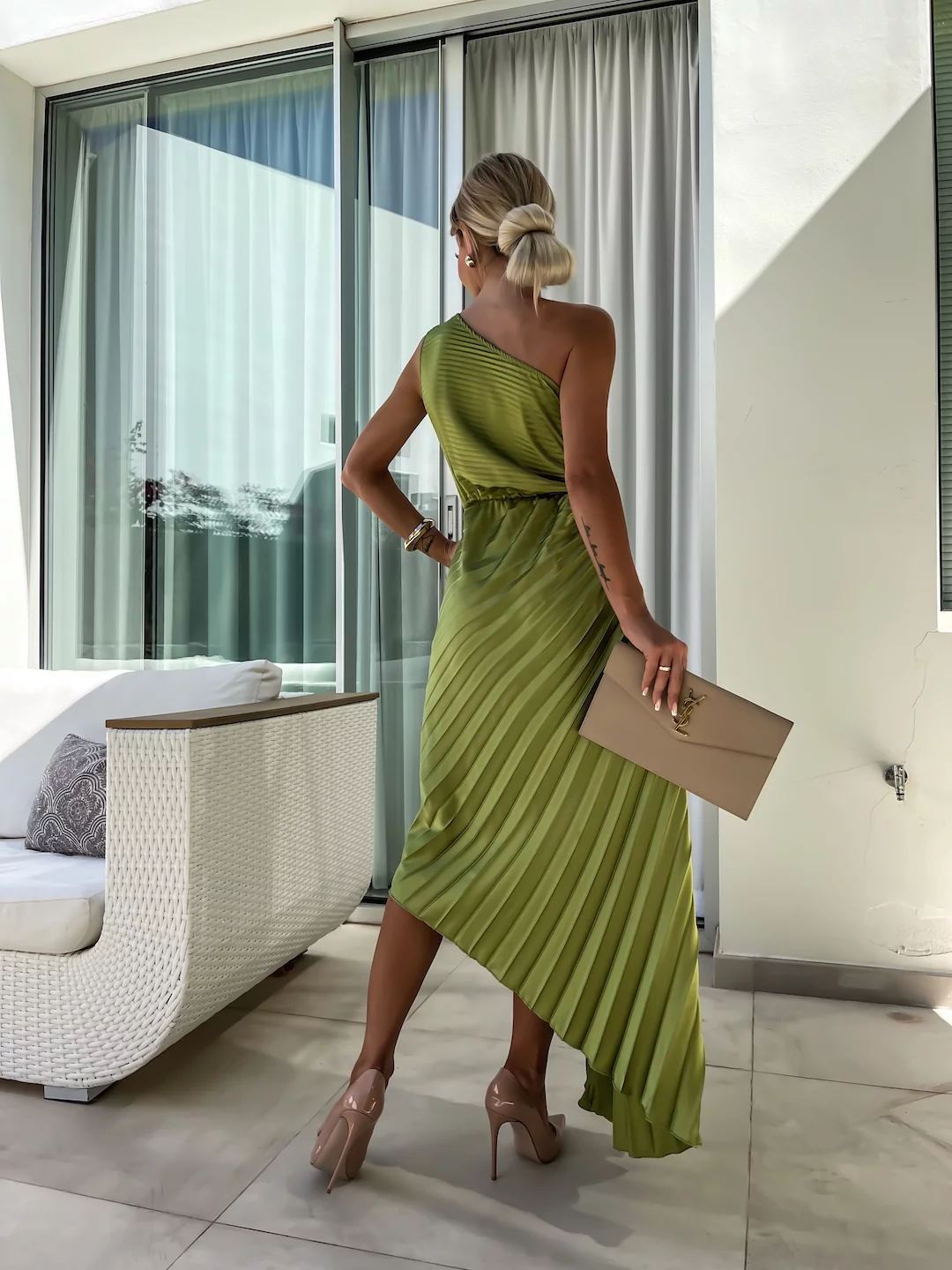 Rose Flower Pleated One-shoulder Dress