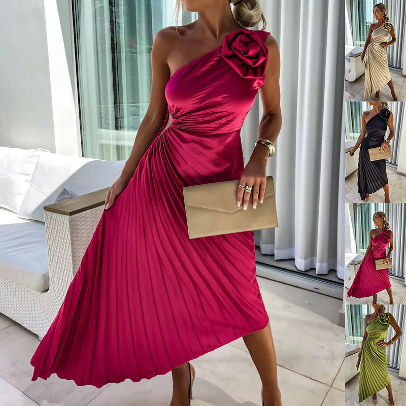 Rose Flower Pleated One-shoulder Dress