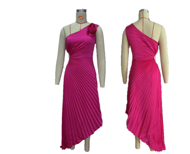 Rose Flower Pleated One-shoulder Dress
