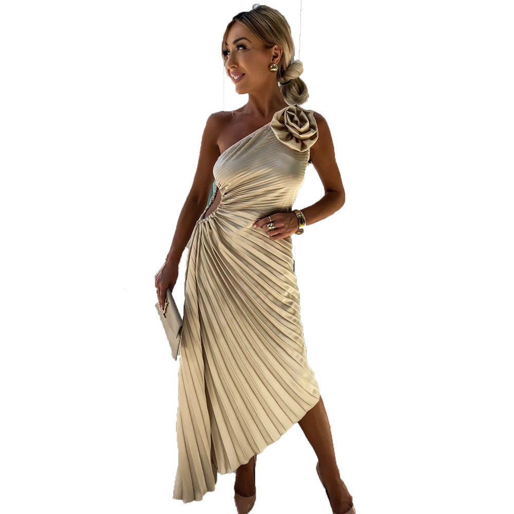 Rose Flower Pleated One-shoulder Dress