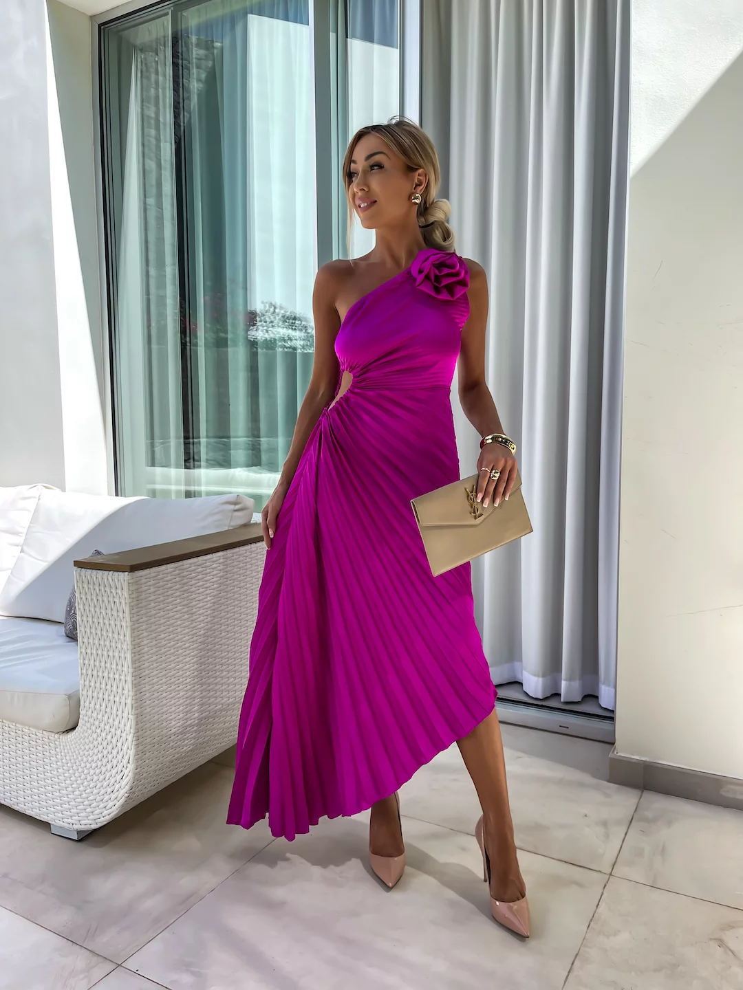 Rose Flower Pleated One-shoulder Dress
