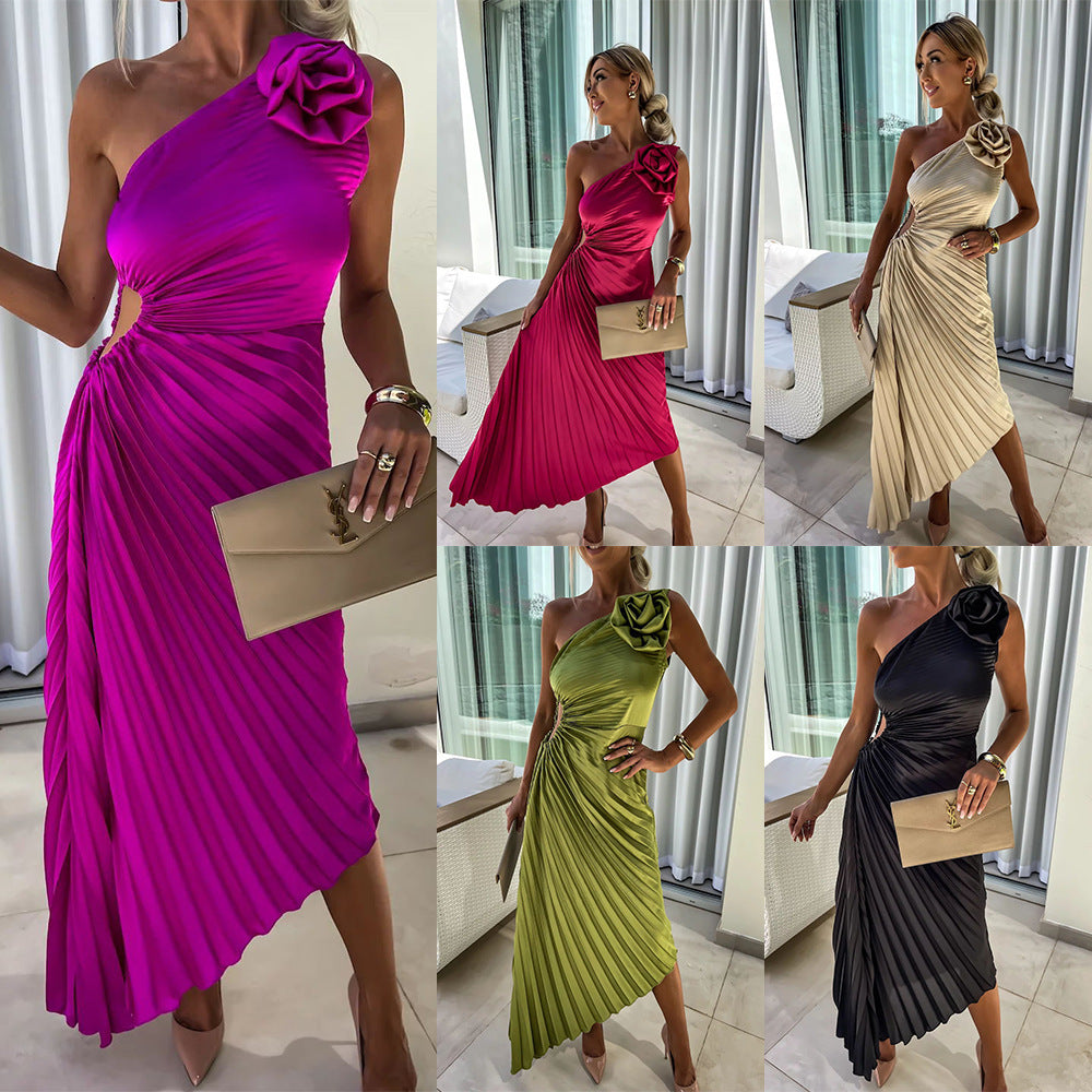 Rose Flower Pleated One-shoulder Dress