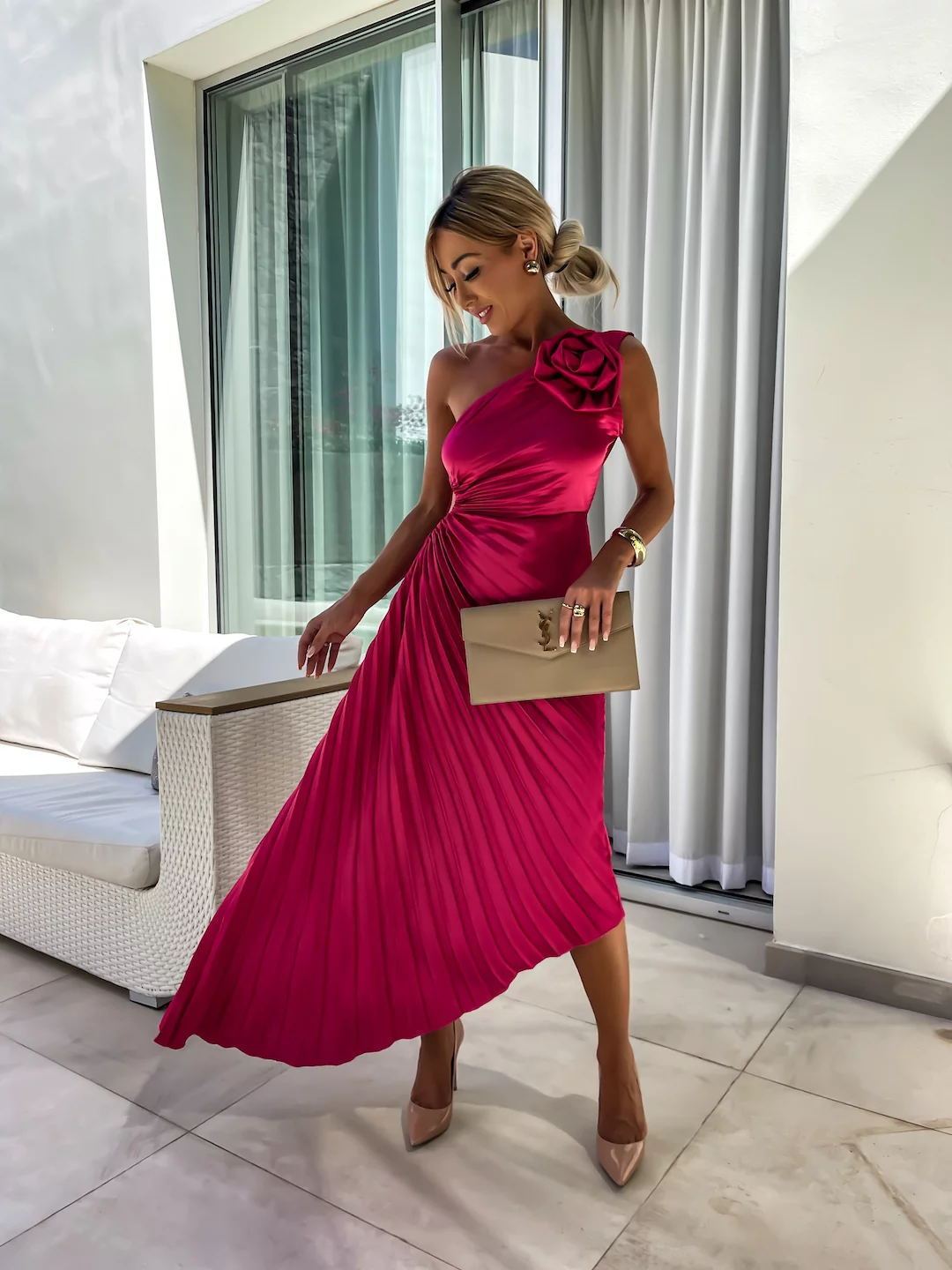 Rose Flower Pleated One-shoulder Dress